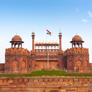 View of the Red Fort, Lahori Gate during sunny summer day in New Delhi, India