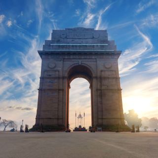 India Gate at sunrise, famous landmark of New Dehli, no people.